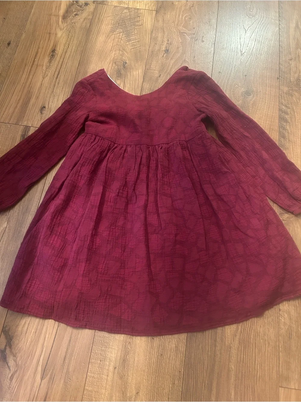Girls' Long-Sleeve Wine Red Textured Casual Dress